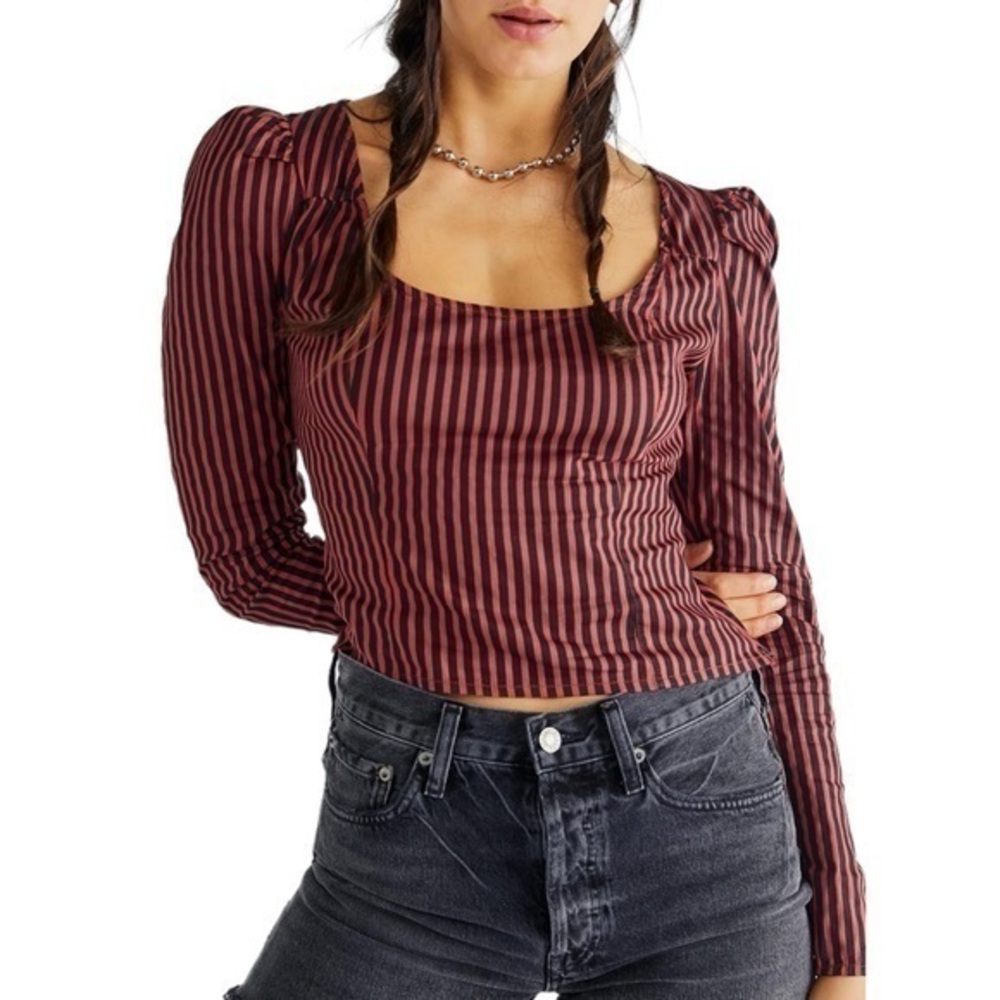 Free People Caroline Red & Black Stripe Long Sleeve Top Size‎ Small